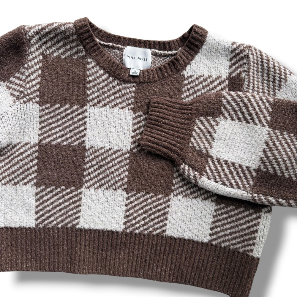 Pink Rose Women L Brown Cream Checkered Plaid Cropped Crewneck Sweater Boho Fall